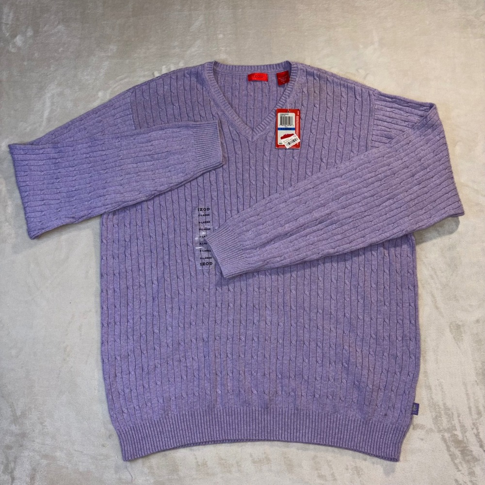 IZOD Mens Lavender Purple Cable Knit V-Neck Cotton Sweater XL NWT